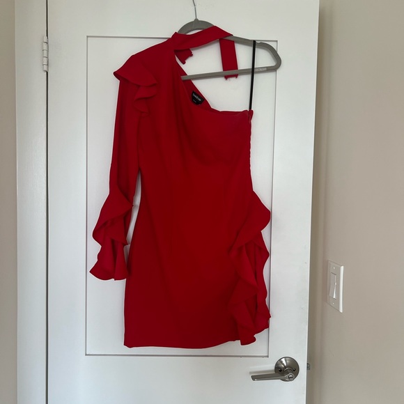 Bebe Red One-Shoulder Bell Sleeve Bodycon Dress - Picture 1 of 3